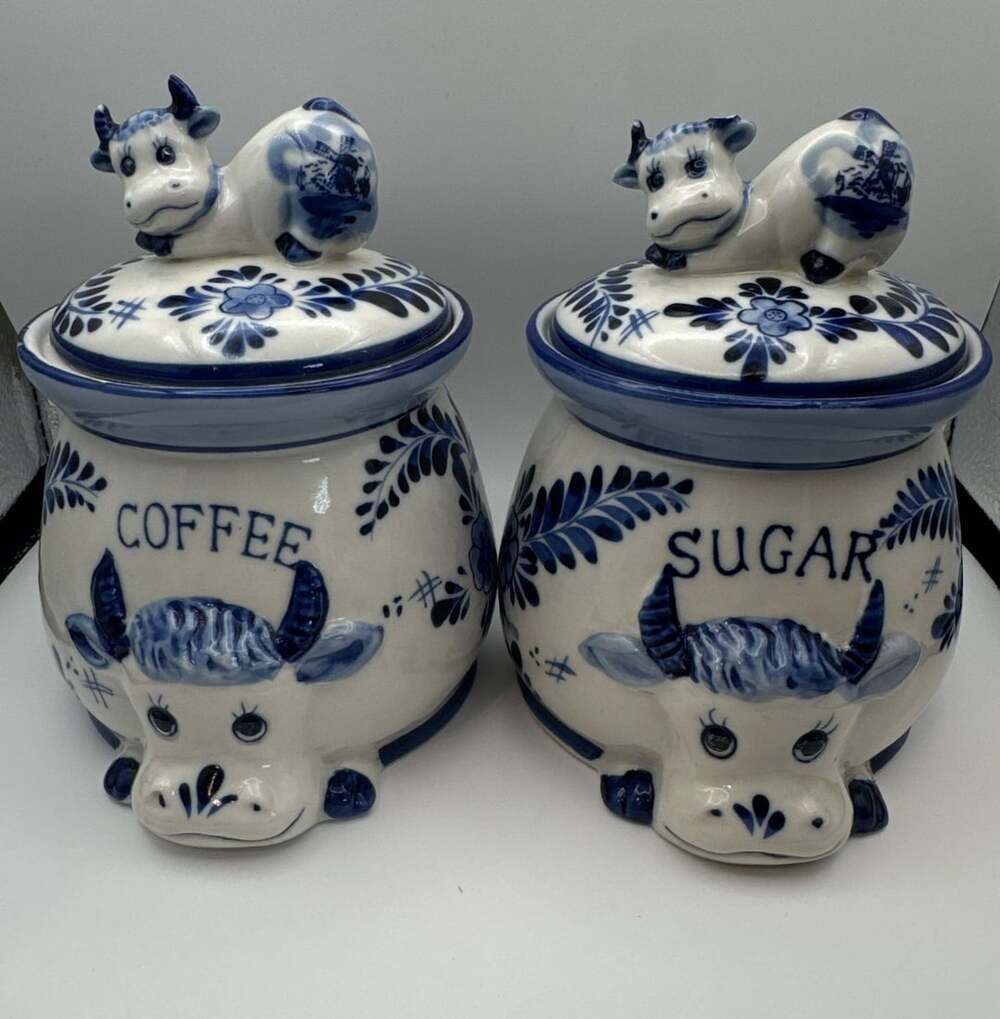 Delft Blue Hand Painted Cow Coffee Sugar Canister Set